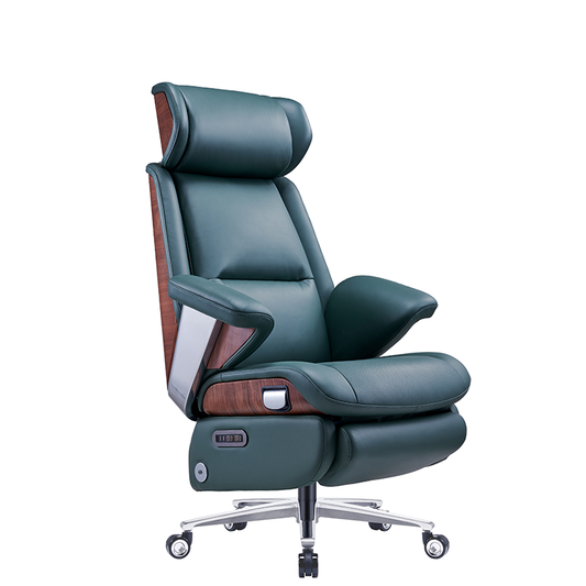 Electric reclining executive chair with nappa leather, walnut backrest and footrest, luxury CEO chair